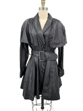 Vtg Pelle Studio Black Leather Cape Jacket Womens S Belted Mini Dress